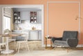 Modern classic peach beige interior with lounge chair, armchair, kitchen, dining table