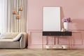 Modern classic pink interior with dresser, console, sofa, furniture, lamp, flower, gifts, frame, picture. Royalty Free Stock Photo