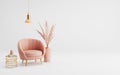 Modern classic style with pink armchair and gold table on white background