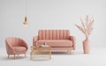 Modern classic style with pink sofa armchair and gold table on white background.