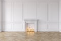 Modern classic white interior with fireplace, wall panels, candle, wooden floor. Royalty Free Stock Photo