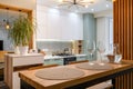 Modern classic white kitchen interior with dining zone Royalty Free Stock Photo