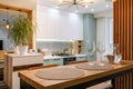 Modern classic white kitchen interior with dining zone Royalty Free Stock Photo