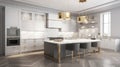 Modern classic white kitchen in a luxury apartment. Large kitchen island with marble top and bar stools, wooden floor Royalty Free Stock Photo