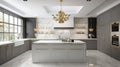 Modern classic white kitchen in a luxury apartment. Large kitchen island with marble top and bar stools, wooden floor Royalty Free Stock Photo