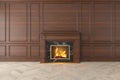 Modern classic wood interior with fireplace, wall panels, wooden floor. Royalty Free Stock Photo