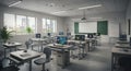 Modern classroom equipped with several computer workstations, each featuring a Royalty Free Stock Photo