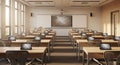 Modern classroom featuring desks with tablets and a large interactive whiteboard display Royalty Free Stock Photo