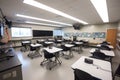 modern classroom full of technology and modern learning tools, including projectors, laptops and whiteboards