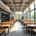 Modern classroom interior features makerspace with collaborative learning tables, open shelving. Wide-angle view natural light, Royalty Free Stock Photo