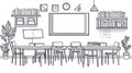 Classroom or Office Interior, Outline - Whiteboard, Desks, Bookshelves, Plants Royalty Free Stock Photo