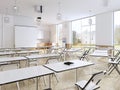 Modern classroom with large panoramic windows and white desks, bright interior