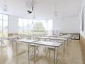 Modern classroom with large panoramic windows and white desks, bright interior