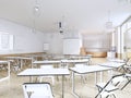 Modern classroom with large panoramic windows and white desks, bright interior