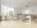 Modern classroom with large panoramic windows and white desks, bright interior