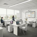 Modern classroom setting with large windows offering a city view. Features white