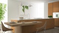 Modern clean contemporary orange kitchen, island and wooden dining table with chairs, bamboo and potted plants, big window and