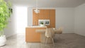 Modern clean contemporary orange kitchen, island and wooden dining table with chairs, bamboo and potted plants, big window and