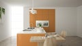 Modern clean contemporary orange kitchen, island and wooden dining table with chairs, bamboo and potted plants, big window and