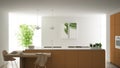 Modern clean contemporary orange kitchen, island and wooden dining table with chairs, bamboo and potted plants, big window and