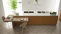 Modern clean contemporary orange kitchen, island and wooden dining table with chairs, bamboo and potted plants, big window and