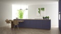 Modern clean contemporary purple kitchen, island and wooden dining table with chairs, bamboo and potted plants, big window and