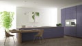 Modern clean contemporary purple kitchen, island and wooden dining table with chairs, bamboo and potted plants, big window and