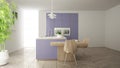 Modern clean contemporary purple kitchen, island and wooden dining table with chairs, bamboo and potted plants, big window and