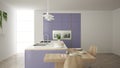 Modern clean contemporary purple kitchen, island and wooden dining table with chairs, bamboo and potted plants, big window and