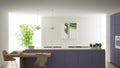 Modern clean contemporary purple kitchen, island and wooden dining table with chairs, bamboo and potted plants, big window and