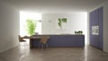 Modern clean contemporary purple kitchen, island and wooden dining table with chairs, bamboo and potted plants, big window and