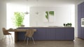 Modern clean contemporary purple kitchen, island and wooden dining table with chairs, bamboo and potted plants, big window and