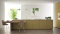 Modern clean contemporary yellow kitchen, island and wooden dining table with chairs, bamboo and potted plants, big window and