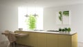Modern clean contemporary yellow kitchen, island and wooden dining table with chairs, bamboo and potted plants, big window and