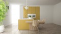 Modern clean contemporary yellow kitchen, island and wooden dining table with chairs, bamboo and potted plants, big window and