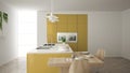 Modern clean contemporary yellow kitchen, island and wooden dining table with chairs, bamboo and potted plants, big window and