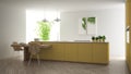 Modern clean contemporary yellow kitchen, island and wooden dining table with chairs, bamboo and potted plants, big window and