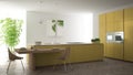 Modern clean contemporary yellow kitchen, island and wooden dining table with chairs, bamboo and potted plants, big window and