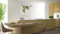 Modern clean contemporary yellow kitchen, island and wooden dining table with chairs, bamboo and potted plants, big window and