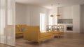 Modern clean living room with kitchen and dining table, sofa, pouf and chaise longue, minimal white and yellow interior Royalty Free Stock Photo