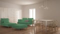 Modern clean living room with sliding door and dining table, sofa, pouf and chaise longue, minimal white and green interior Royalty Free Stock Photo