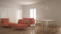 Modern clean living room with sliding door and dining table, sofa, pouf and chaise longue, minimal white and orange interior Royalty Free Stock Photo