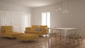 Modern clean living room with sliding door and dining table, sofa, pouf and chaise longue, minimal white and yellow interior desig Royalty Free Stock Photo