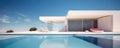 Modern clean minimalistic house with swimming pool and blue sky in summer day. Vacation best property Royalty Free Stock Photo