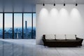 Modern clean office waiting area reception with skyline view, wall copy space, 3D Illustration