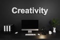 modern clean office workspace with computer screen and dark concrete wall creativity lettering 3D Illustration Royalty Free Stock Photo