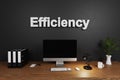 Modern clean office workspace with computer screen and dark concrete wall; efficiency lettering concept; 3D Illustration Royalty Free Stock Photo