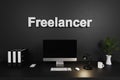 Modern clean office workspace with computer screen and dark concrete wall; freelancer lettering; 3D Illustration Royalty Free Stock Photo