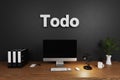 modern clean office workspace with computer screen and dark concrete wall todo lettering 3D Illustration Royalty Free Stock Photo