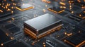 Modern Clean Solid State Battery Surrounded by Circuitry with Glowing Elements and Advanced Technology